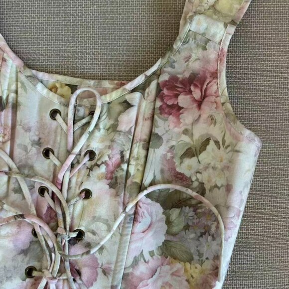 Selkie The Pammy Duchess Corset XSmall Lace Up Cropped Ivory Blush Floral Top - Picture 5 of 8